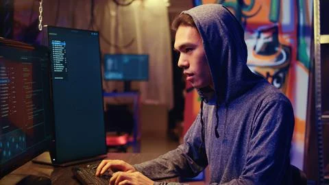 Hacker excited after developing exploit Stock Photos