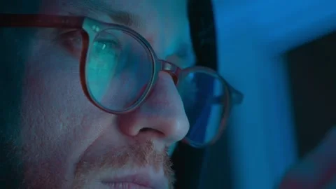 Hacker face with glasses reflection, cybersecurity and cybercrime concept Stock Footage 328350609