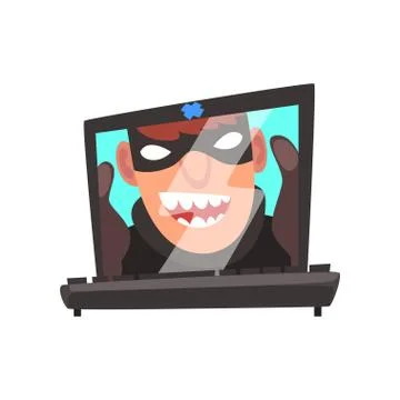 Hacker Face on Laptop Screen, Internet Crime, Computer Security Technology Stock Illustration