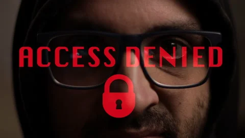 Hacker face on laptop, security internet. Green Display, Access denied message Stock Footage 149779661