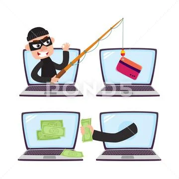 Hacker with fishing rod, computer phishing attack Illustration #80113712