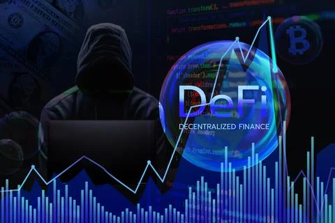 Hacker flash loan Defi and bubble crypto currency Ilustración de archivo