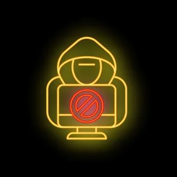 Hacker with forbidden symbol on computer screen neon sign Stockillustratie