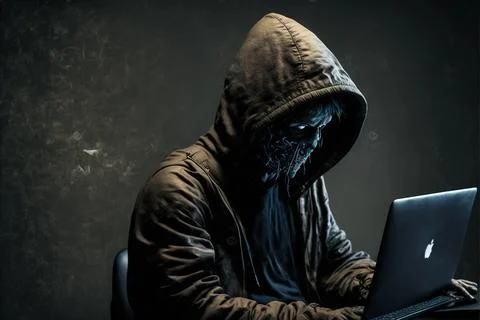 Hacker in front computer with laptop, stealing information, Hacking the Int.. Stock Illustration