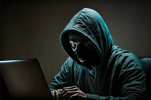 Hacker in front computer with laptop, stealing information, Hacking the Int.. Stock Illustration