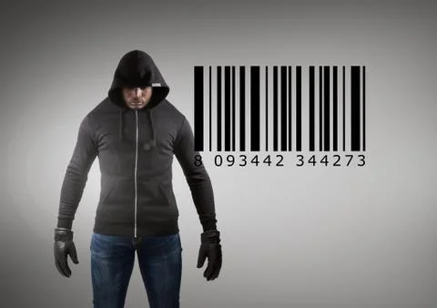 Hacker in front of a grey background with bar code 库存照片