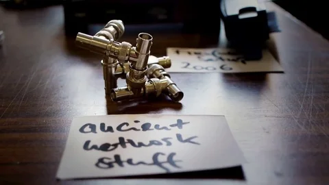 Hacker gear exposition: 'Ancient network stuff' - coaxial antenna plugs Stock Footage 76560713