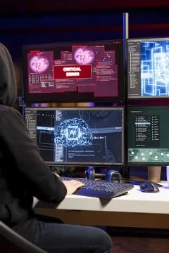 Hacker getting critical error warning while doing computer sabotage using AI Stock Photos