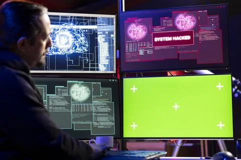Hacker getting system hacked popup alert on green screen mockup computer Stockfoto's