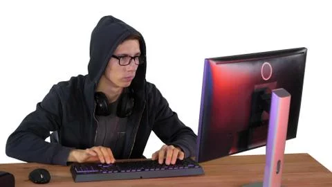 Hacker in glasses breaking code on white background. Stock Photos