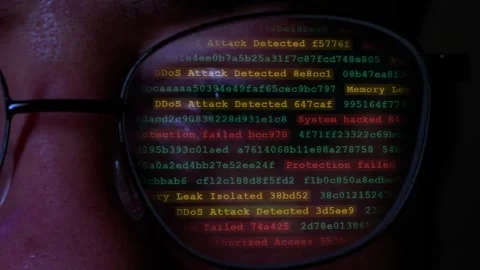 Hacker Glasses Reflection With DDoS Attack And Security Breach Warning Data Stock Footage 343020911