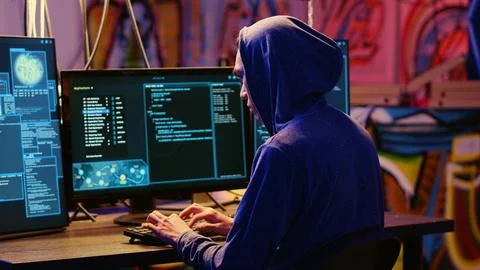 Hacker in graffiti painted hideaway Stock Photos