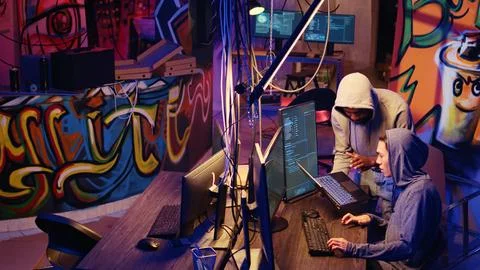 Hacker group coordinating DDoS attack Stock Photos