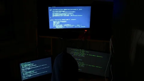 Hacker hacked internet code, cybercriminal works at the computer, top view Stock Footage 125554230