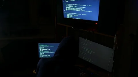 Hacker hacked internet code, cybercriminal works, side view, top Stock Footage 125554460