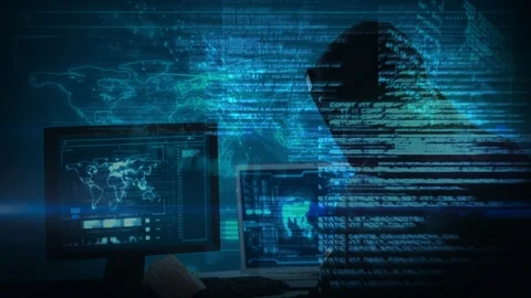 Hacker hacking computer with data on the foreground Stock Footage 104933775