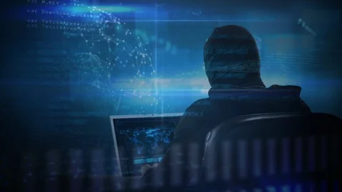Hacker hacking computer with data on the foreground Stock Footage 104934071