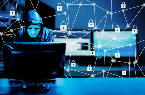 Hacker hacking it with his computer, Padlock Hologram icons over the computer Stock Photos