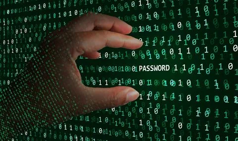 A hacker hand able to find a password hidden in the binary code, and stream.. Foto stock