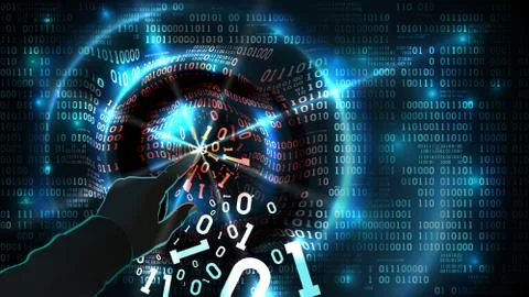 Hacker hand touches binary code hacks abstract database. Binary code background Illustrazione stock