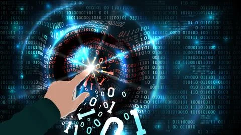 Hacker hand touches binary code and hacks abstract database, firewall, computer Illustrazione stock