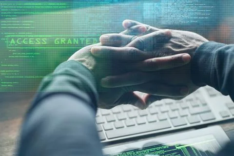 Hacker, hands and code on computer at night as spy, information or ransomware Stock Photos