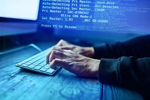 Hacker, hands and cyber security, overlay and website access. Code, data Stock Photos