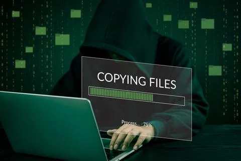 Hacker hands Data transfer File copying process laptop screen. Cybercrime, .. Foto stock