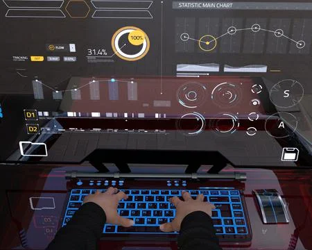 Hacker hands on keyboard on glossy red desk in front of large computer screen Stock Illustration