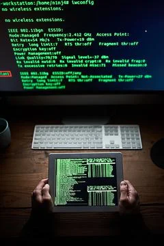 Hacker, hands or tablet at night with data, online scam or programming for Foto stock