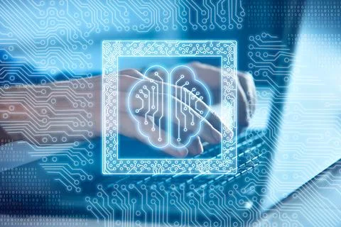 Hacker hands using laptop with circuit board and human brain. Stock Photos