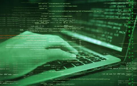 Hacker hands at work with  interface around Stockfoto's