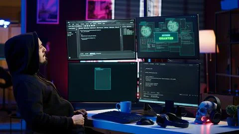 Hacker happy after successfully doing computer sabotage using ransomware Stock Photos