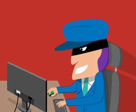 Hacker is happy while hacking by desktop computer Stock Illustration