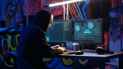 Hacker having burst of joy after getting access granted past security Foto stock