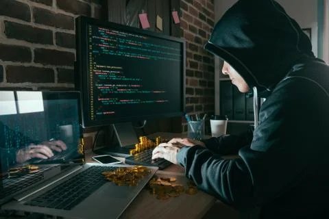 Hacker having many bitcoin through data virus 스톡 사진