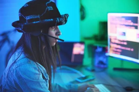 Hacker headset, computer or neon coding on cybersecurity ransomware, SEO night Stock Photos