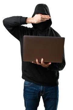 Hacker with his computer covering his eyes on isolated white background Stock Photos