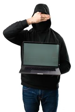 Hacker with his computer covering his face on isolated white background 스톡 사진