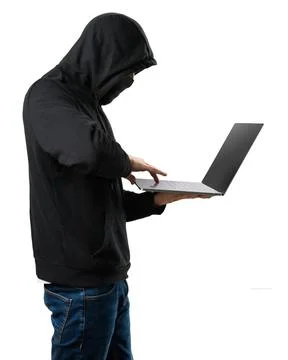Hacker with his computer on isolated white background Stock Photos