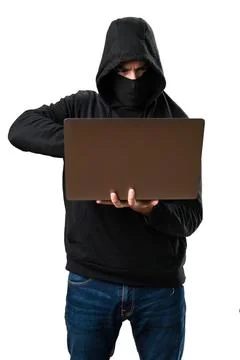 Hacker with his computer on isolated white background Foto stock