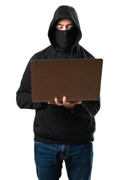 Hacker with his computer on isolated white background Foto stock