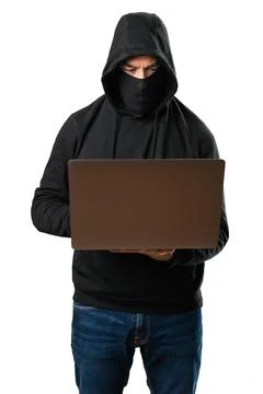 Hacker with his computer on isolated white background Stock Photos