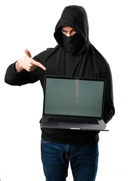 Hacker with his computer on isolated white background Stock Photos