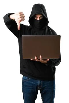 Hacker with his computer making bad signal on isolated white background 写真素材