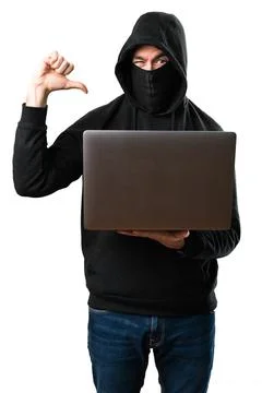 Hacker with his computer proud of himself on isolated white background Foto stock