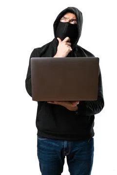 Hacker with his computer thinking on isolated white background Stock Photos