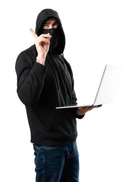 Hacker with his computer thinking on isolated white background Foto stock