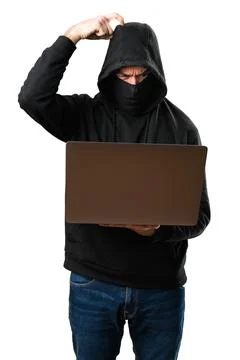 Hacker with his computer thinking on isolated white background 写真素材