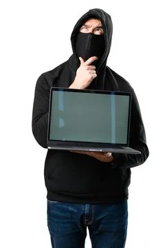 Hacker with his computer thinking on isolated white background 스톡 사진